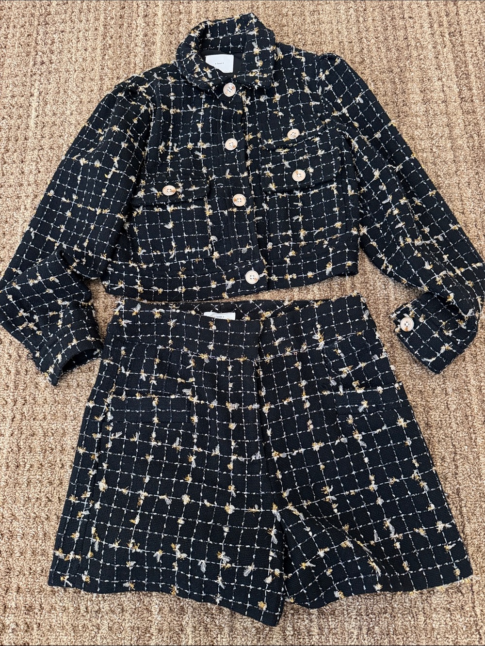Woven Tweed black & gold Cropped Jacket and Shorts Set